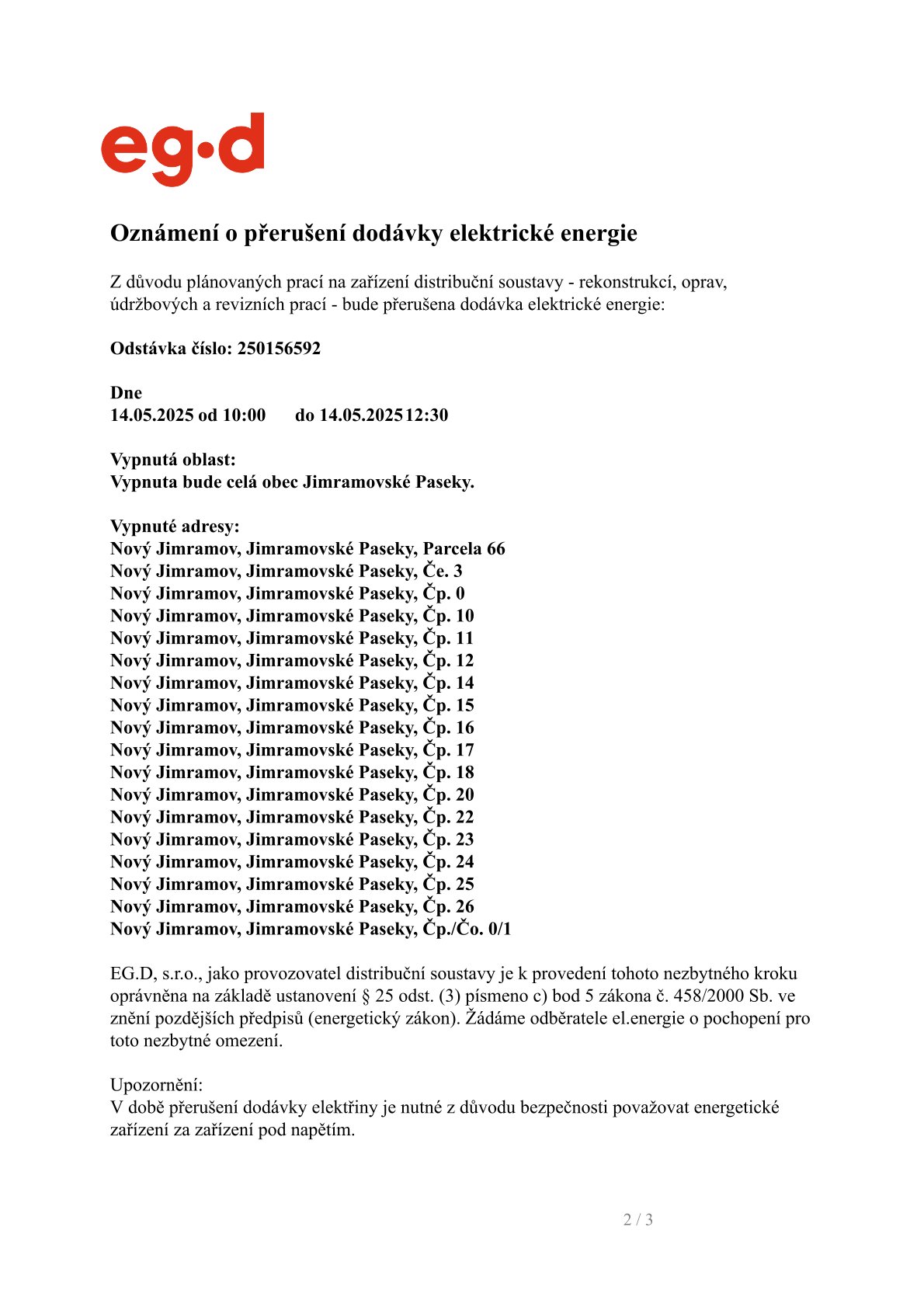 EG.D - přerušení el. energie